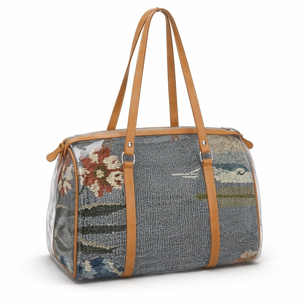 BANU Vintage Floral Tapestry Shoulder Bag Leather Trim Gray Made in USA Satchel